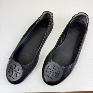 Tory Burch Minnie Travel Ballet Flat Black Napa Leather Tonal Logo Medallion